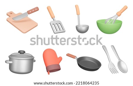 Kitchenware 3d icon set. Kitchen utensils for cooking. Isolated icons, Cutting board, knife, spatula, ladle, whisk, bowl, saucepan, tack, pan, fork, spoon. Cutlery. Objects on transparent background