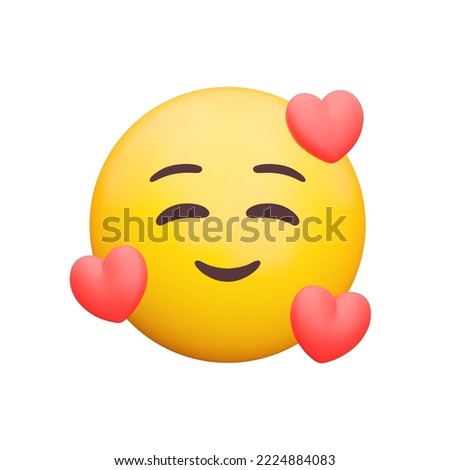 Smiling Face with Hearts 3d icon. Yellow emoji with smiling eyes, smile and hearts floating around head. love. Isolated object on transparent background