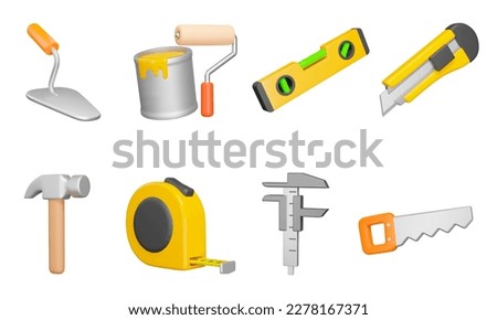 Repair Tools 3d icon set. Tools for construction. Worker equipment. Trowel, paint, ruler with level, utility knife, hammer, tape measure, compass, saw, Isolated objects on a transparent backgro