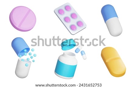 Pharmacy, 3d icon set. Drug pills, capsules and tablets. 3D object on a transparent background