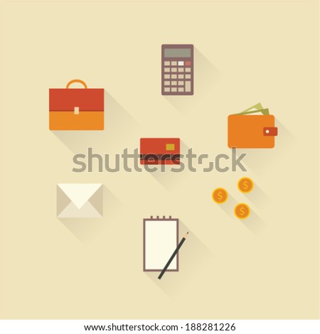 Vector illustration icon set of business: money, card, calculator, portfolio, message, notebook