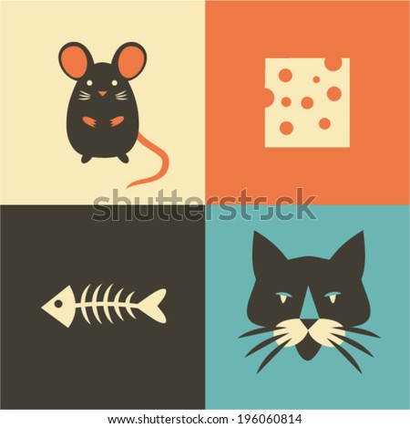 Vector illustration icon set of cat, mouse, cheese and fish