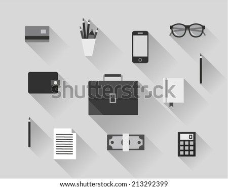 Vector illustration icon set of business: money, card, calculator, briefcase, book, paper, pencil, wallet, phone, glasses