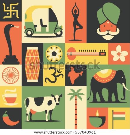 India, vector flat illustration, icon set, pattern, background: Hindu, yoga, snake cobra, car, sitar, lotus flower, drum, om, map, elephant, indian tea, cow, palm tree, candle, flag, pepper