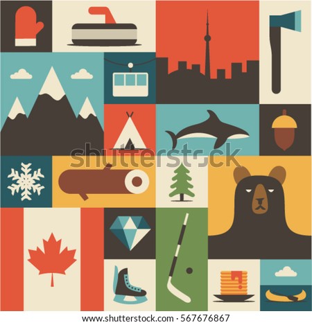 Canada, vector flat illustration, icon set, background. Mittens, landscape, ax, mountain, camping, fish, winter, wood, forest, bear, tree, hockey, diamond, flag, skates, food, boat