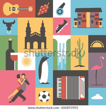 Argentina, vector flat illustration, icon set, travel background. Guitar, grape, house, bull, boots, wine, sun, waterfall, cactus tree, food, flamingo bird, music, soccer, dance