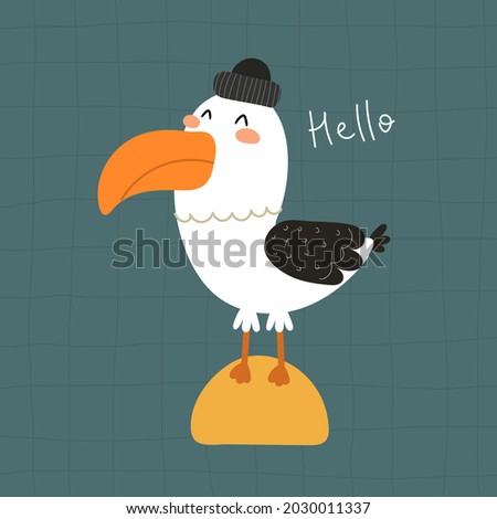 Hello. cartoon gull, hand drawing lettering, decor elements. Summer colorful vector illustration, flat style. design for cards, print, posters, logo, cover Stock foto © 