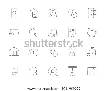 Simple set of Mortgage related vector line web icons. Contains such Icons as Bank, Property, Calculator, Money and more. Editable Stroke. 48x48 Pixel Perfect.