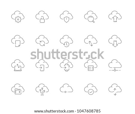 Simple set of Cloud computing vector line web icons. Contains such Icons as Data upload, Data synchronization, Cloud service and more. Editable Stroke. 48x48 Pixel Perfect.