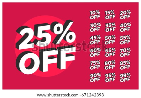 Set of discounts 25% OFF Written in Flat Colours with 3D Style Shadow