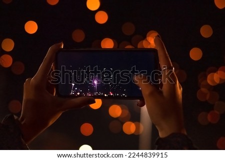 Similar – Image, Stock Photo Unrecognizable traveler with flashlight exploring foggy forest