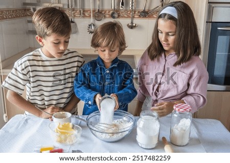 Similar – Image, Stock Photo Cheerful siblings mixing dough together in kitchen