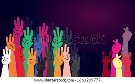 Group of people's hands holding phones rising them up and hand gesture three fingers signaling resistance flash mob vector illustration.