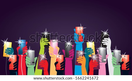 Group of people's hands holding phones rising them up and hand gesture three fingers signaling resistance flash mob vector illustration.