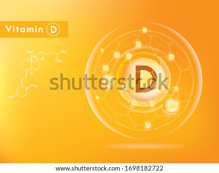Vitamin D and structure. Medicine capsule, Golden substance. 3D Vitamin complex with chemical formula. Personal care and beauty concept. Vector Illustration Foto stock © 