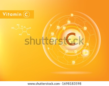 Vitamin C and structure. Medicine capsule, Golden substance. 3D Vitamin complex with chemical formula. Personal care and beauty concept. Vector Illustration