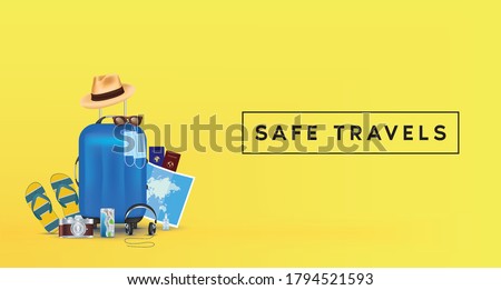 Tourism Safe Travels in holiday with Mask and suitcase, sanitizer on yellow background. Vector EPS10