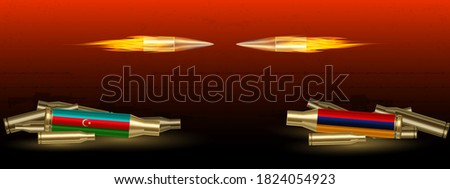 The national flag is on a bullet. Symbol of armed military conflict, war and confrontation on border between azerbaijan and armenia. Vector EPS10 illustration.