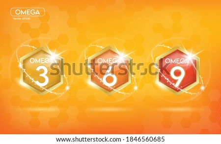 Omega Nutrients set. Shining golden essence droplet. Beauty treatment nutrition skin care design. Vector illustration.