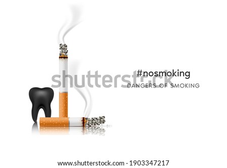 Dangers of smoking, Teeth with cigarette. Smoking effect on human teeth. Dental care concept. Stop smoking, World No Tobacco Day. Illustration on white background.