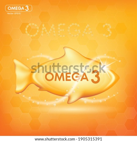 Fish oil drop gold, vitamin D and omega 3 in Fish shape supplemental, benefits of pills improving mental, heart, eyes, bones health, lower cholesterol level. 3d vector