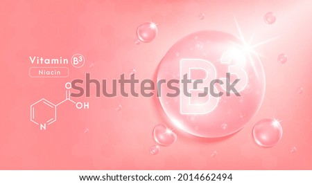 Drop water vitamin B3 pink and structure. Vitamin complex with Chemical formula from nature. Beauty treatment nutrition skin care design. Medical and scientific concepts. 3D Realistic Vector EPS10.