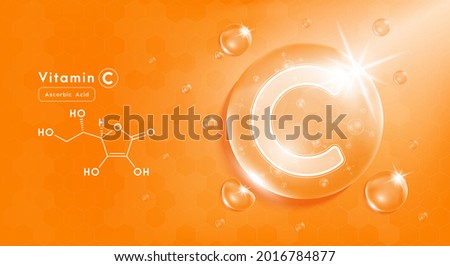 Drop water vitamin C orange and structure. Vitamin complex with Chemical formula from nature. Beauty treatment nutrition skin care design. Medical and scientific concepts. 3D Realistic Vector EPS10.