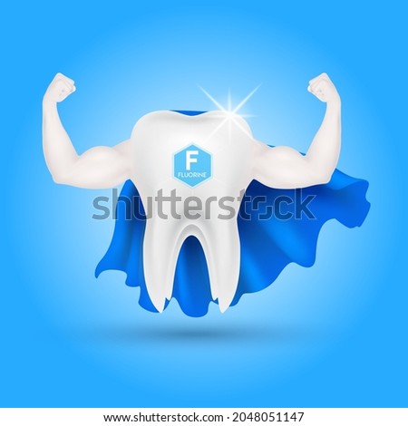 Teeth healthy sparkling white looks like superheroes blue dress and muscle hand  strong with calcium fluorine. Can be used in children dentist clinic. Medical health and dentistry concept. 3D vector.
