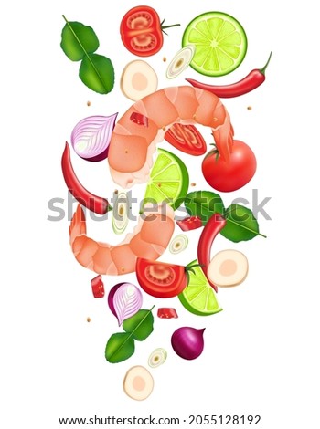 Spices for making thai tom yum goong flying. Traditional thai food. Pieces element in the middle on white background. Realistic 3D vector illustration.