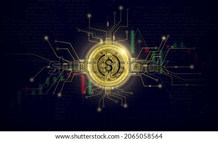 Token cryptocurrency USD, Gold coin symbol on future internet cashless currency wallet safe trade on digital online technology blockchain stock market disrupt transform financial bank. 3D vector.