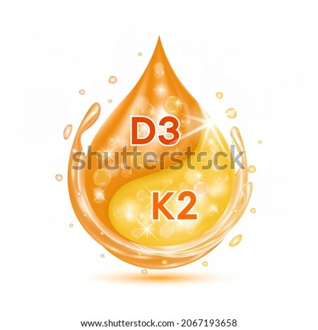 Drop vitamin D3 and K2 for bone health. Pharmaceutical Capsule with minerals orange. Medical and dietary supplement health care concept. 3D Vector EPS10