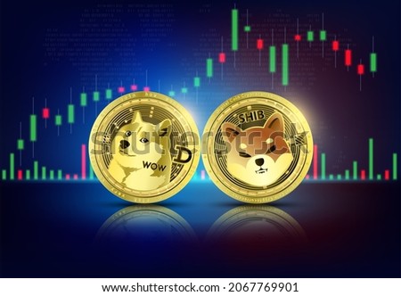 Gold coin Dogecoin (DOGE) and Shiba inu (SHIB) on world map. Cryptocurrency. Stock market growth competition Big data information mining technology. Internet electronic payment futuristic. 3D vector.