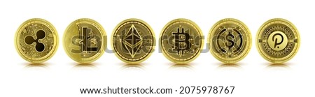 Token cryptocurrency set. Currency on future internet. Digital online technology blockchain stock market. Gold coin crypto currencies Bitcoin, Ethereum, Litecoin, Polkadot, Ripple, Tether. 3D Vector.