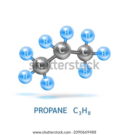 Propan gas (C3H8) molecule models and Physical chemical formulas. Natural gas combustible gaseous fuel. Ecology and biochemistry science concept. Isolated on white background. 3D Vector Illustration. 商業照片 © 