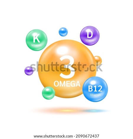 Fish oil omega 3 orange and Vitamin B12, D, K colorful balls. Benefits of pills improving mental, heart, eyes, bones health and lower cholesterol level. Healthy food supplement. 3D Vector EPS10.