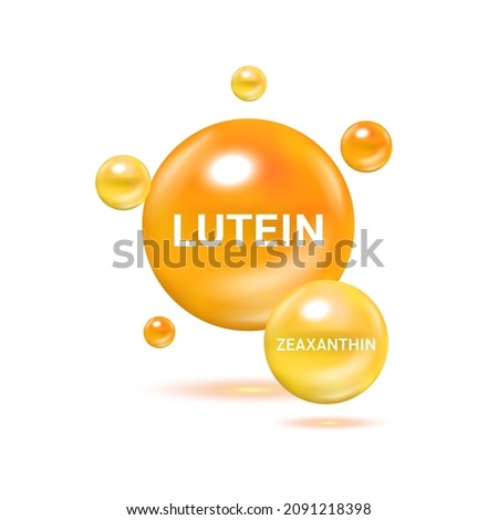 Zeaxanthin and Lutein. Food for good vision and healthy eyes. Selection of products to help improve eyesight. Medical scientific and healthcare concept. 3D Vector EPS10 illustration. Stockfoto © 