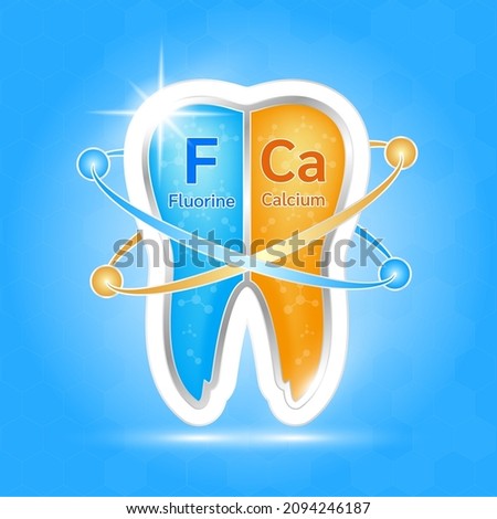 label aluminum healthy tooth. Teeth healthy sparkling white with calcium and fluorine. Can be used in children dentist clinic. Medical health and dentistry concept. Vector EPS10.