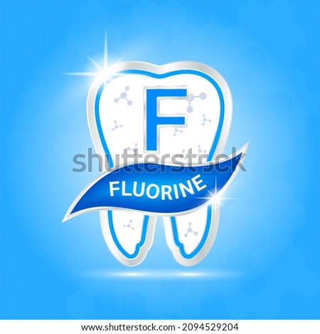 Label aluminum silver fluorine. Foods vitamins minerals logo products template design in tooth form. Medical food supplement concepts. Vector EPS10. Isolated on a blue background.