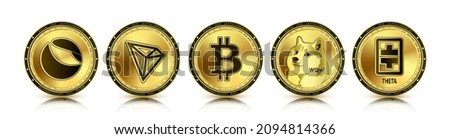 Token cryptocurrency set. Currency on future internet. Gold coin cryptocurrencies Bitcoin, Terra, Tron, Dogecoin, Theta. Isolated on white background realistic 3D Vector illustration.