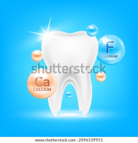 Teeth healthy sparkling with minerals calcium and fluorine. Therapy helps maintain tooth, strong bone. Medical check up health and dentistry concept. 3D Vector EPS10 illustration.