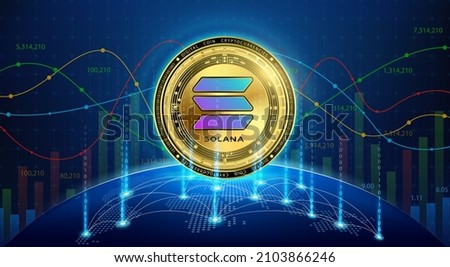 Solana gold coin. Token cryptocurrency currency on future internet. Digital online technology blockchain stock market and crypto currencies. Hologram with a globe and world map. Vector EPS10.