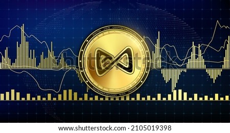 Golden Axie infinity currency coin. Electronic crypto currency modern technology. Digital cryptocurrency block chain market token banner. On world map chart background. 3D Vector.

