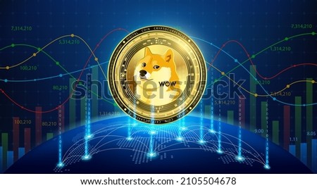Gold coin Dogecoin on world map. Cryptocurrency. Stock market growth competition. Global connection suitable for financial investment or crypto currency trends business. 3D vector.