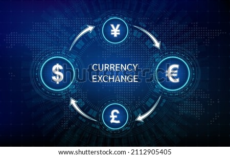 Money currency exchange and money transfer on stock exchange. Currencies Dollar, Euro, Pound, Yen. Banking international trading. Financial concept. Vector illustration.