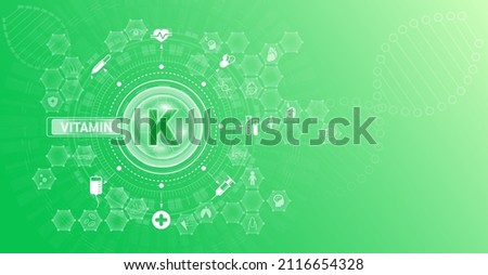 Vitamin K and Mineral supplements complex pharmaceutical capsule. Vitamins food sources and functions. Health care and science icon pattern medical innovation. On a green background. Vector EPS 10. Stock fotó © 
