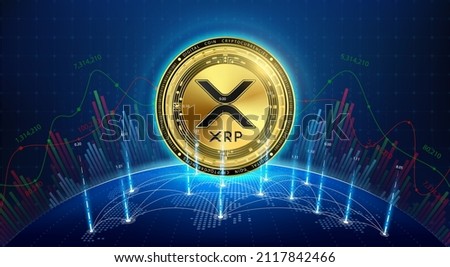 XRP gold coin. Token cryptocurrency currency on future internet. Digital online technology blockchain stock market and crypto currencies. Hologram with a globe and world map. Vector EPS10.