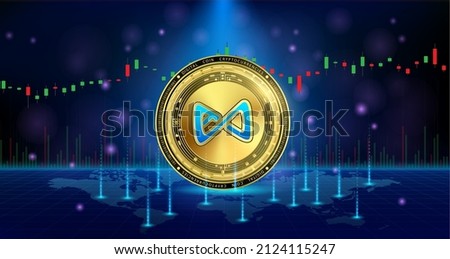 Golden Axie infinity currency coin. Electronic crypto currency modern technology. Digital cryptocurrency block chain market token banner. On world map chart background. 3D Vector.

