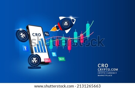 Crypto.com coin with spaceship flying leave smartphone to the sky and stock chart. App for trading crypto currency in stock market. Mobile banking cryptocurrency. 3d Vector illustration. 