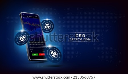 Crypto Com (CRO) coin and Phone. App for trading crypto currency on the touch screen smartphone. Data analytics stock market. Trends and financial strategy. Mobile banking cryptocurrency. Vector 3d. 