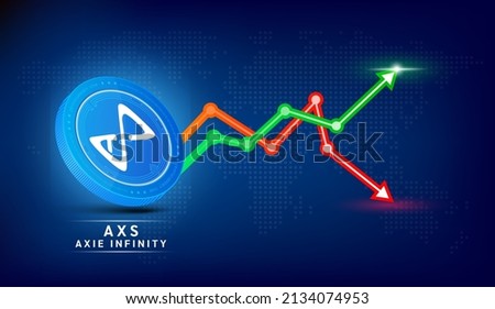 Axie infinity coin blue. Cryptocurrency token symbol with stock market investment trading graph green and red. Coin icon on dark  background. Economic trends business concept. 3D Vector illustration.